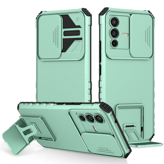 For vivo V23 5G Stereoscopic Holder Sliding Camshield Phone Case(Light Blue) - vivo Cases by buy2fix | Online Shopping UK | buy2fix