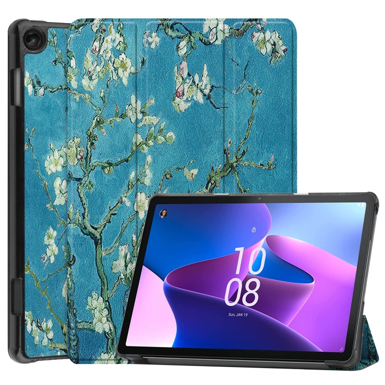 For Lenovo Tab M10 3rd Gen Custer Painted 3-Fold Holder Smart Leather Tablet Case(Apricot Blossom) - Lenovo by buy2fix | Online Shopping UK | buy2fix