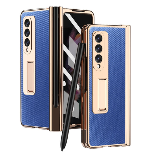 For Samsung Galaxy Z Fold3 Kevlar Texture Integrated Electroplating Hinge Flip Phone Case with Pen Slot(Blue) by buy2fix