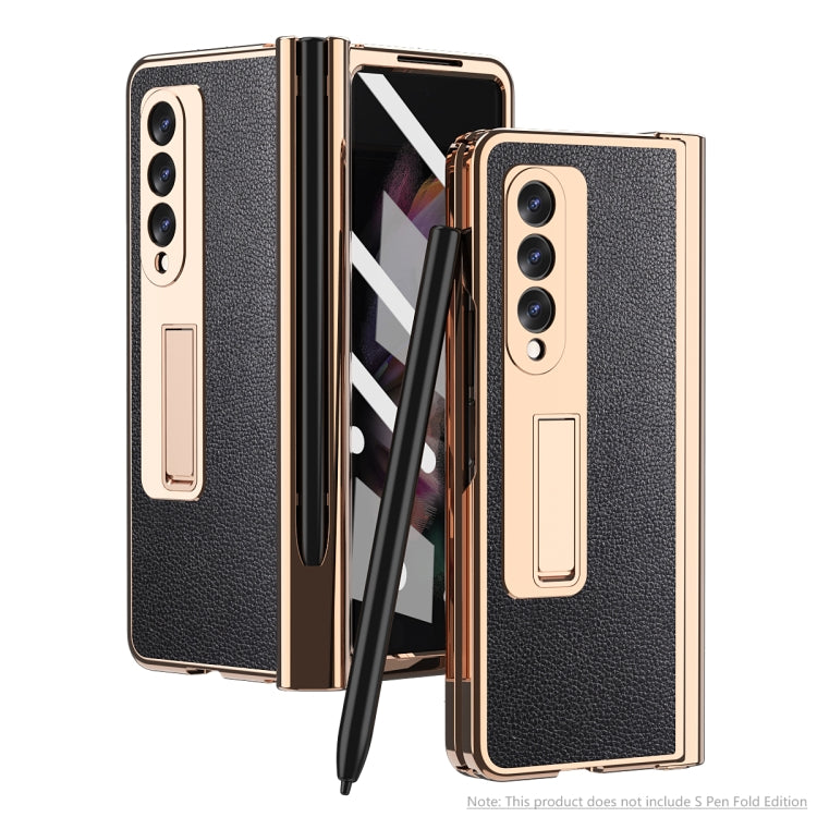 For Samsung Galaxy Z Fold3 Litchi Texture Integrated Electroplating Hinge Flip Phone Case with Pen Slot(Black) by buy2fix