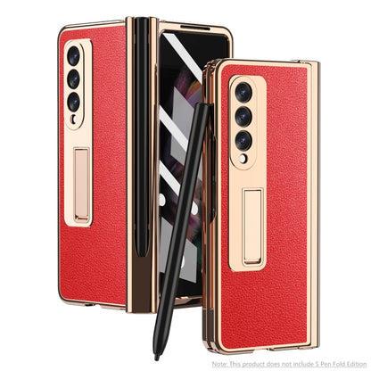For Samsung Galaxy Z Fold3 Litchi Texture Integrated Electroplating Hinge Flip Phone Case with Pen Slot(Red) by buy2fix