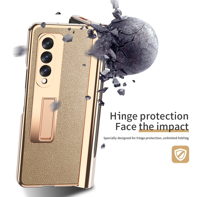 For Samsung Galaxy Z Fold3 Litchi Texture Integrated Electroplating Hinge Flip Phone Case with Pen Slot(Gold) by buy2fix