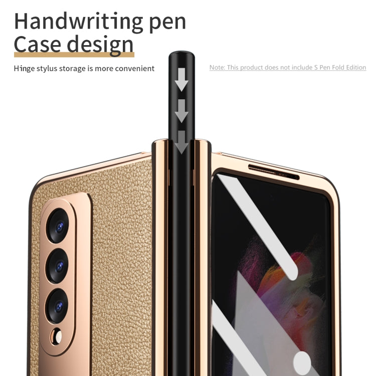 For Samsung Galaxy Z Fold3 Litchi Texture Integrated Electroplating Hinge Flip Phone Case with Pen Slot(Gold) by buy2fix