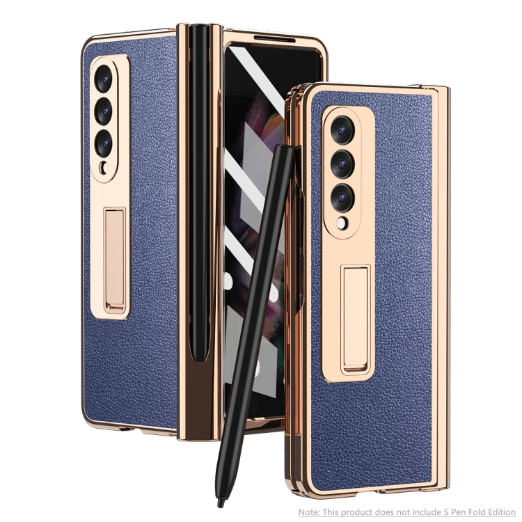 For Samsung Galaxy Z Fold3 Litchi Texture Integrated Electroplating Hinge Flip Phone Case with Pen Slot(Blue) by buy2fix