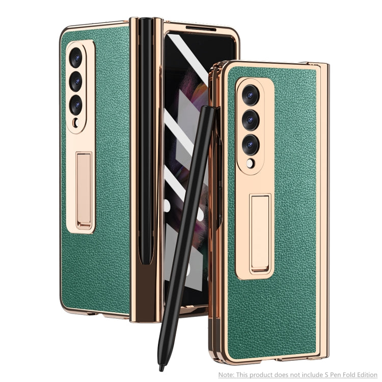 For Samsung Galaxy Z Fold3 Litchi Texture Integrated Electroplating Hinge Flip Phone Case with Pen Slot(Green) by buy2fix