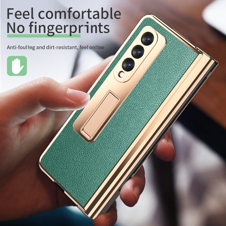 For Samsung Galaxy Z Fold3 Litchi Texture Integrated Electroplating Hinge Flip Phone Case with Pen Slot(Green) by buy2fix