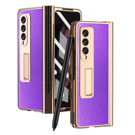For Samsung Galaxy Z Fold3 Cross Texture Integrated Electroplating Hinge Flip Phone Case with Pen Slot(Purple) by buy2fix