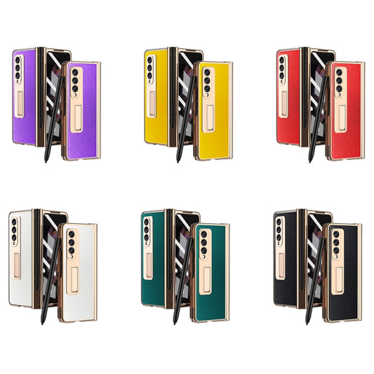 For Samsung Galaxy Z Fold3 Cross Texture Integrated Electroplating Hinge Flip Phone Case with Pen Slot(Purple) by buy2fix