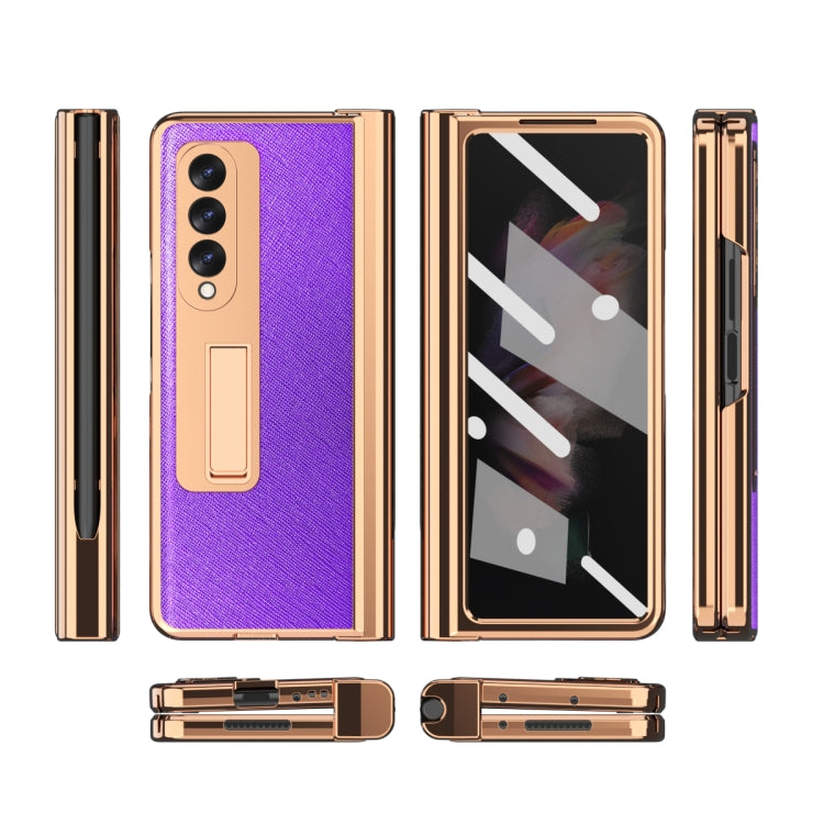 For Samsung Galaxy Z Fold3 Cross Texture Integrated Electroplating Hinge Flip Phone Case with Pen Slot(Purple) by buy2fix