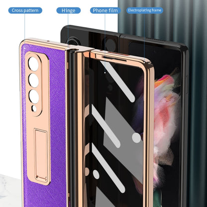 For Samsung Galaxy Z Fold3 Cross Texture Integrated Electroplating Hinge Flip Phone Case with Pen Slot(Purple) by buy2fix