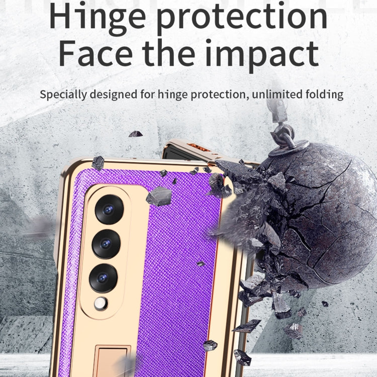 For Samsung Galaxy Z Fold3 Cross Texture Integrated Electroplating Hinge Flip Phone Case with Pen Slot(Purple) by buy2fix