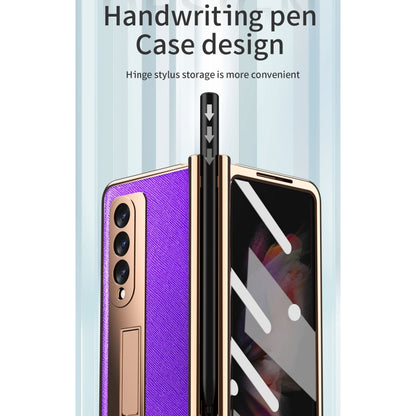 For Samsung Galaxy Z Fold3 Cross Texture Integrated Electroplating Hinge Flip Phone Case with Pen Slot(Purple) by buy2fix