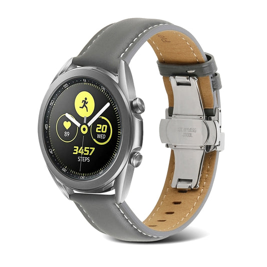 For Samsung Galaxy Watch4 20mm Butterfly Buckle Stitching Genuine Leather Watch Band(Light Grey) - Watch Bands by buy2fix | Online Shopping UK | buy2fix