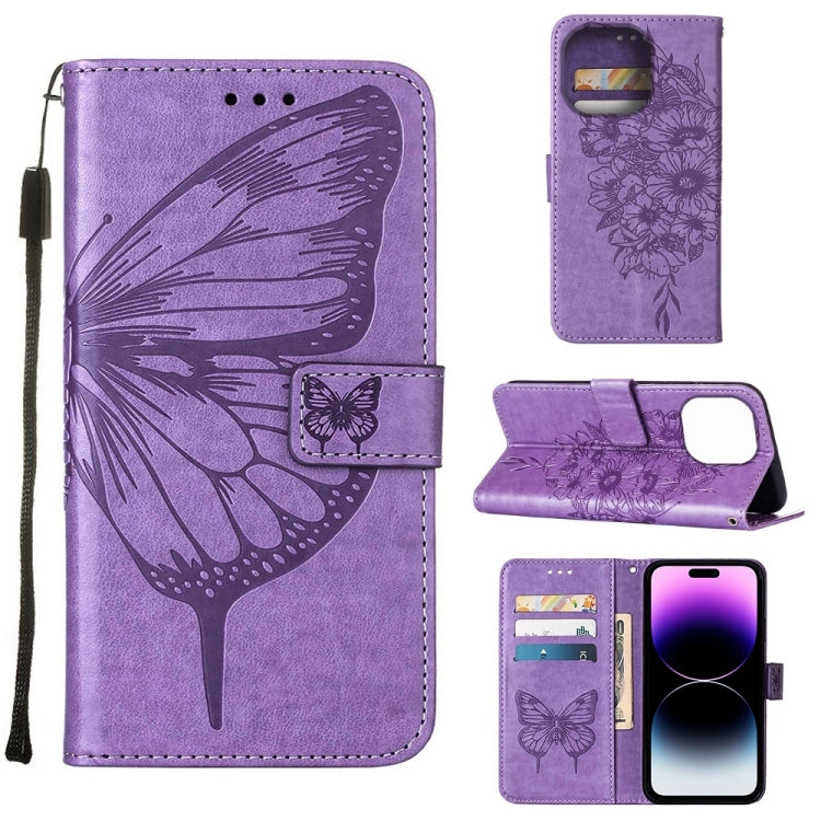 For iPhone 14 Pro Max Embossed Butterfly Leather Phone Case (Light Purple) by buy2fix