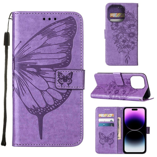 For iPhone 14 Pro Max Embossed Butterfly Leather Phone Case (Light Purple) - iPhone 14 Pro Max Cases by buy2fix | Online Shopping UK | buy2fix