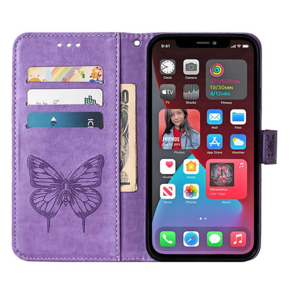 For iPhone 14 Pro Max Embossed Butterfly Leather Phone Case (Light Purple) by buy2fix