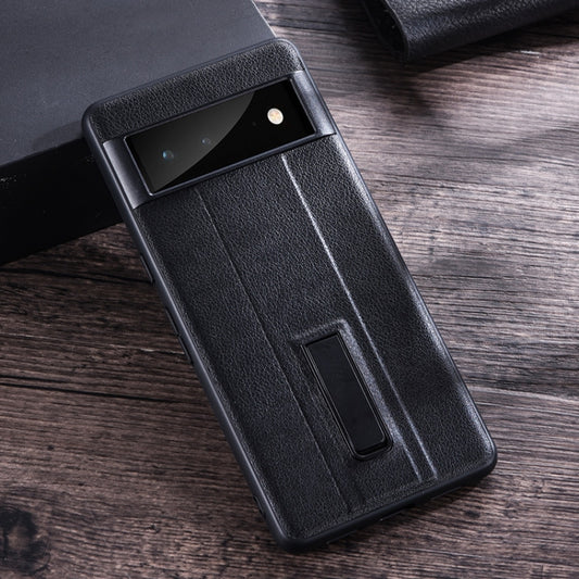 For Google Pixel 6 Pro PC + Leather Texture Protective Phone Case with Metal Holder(Black) - Google Cases by buy2fix | Online Shopping UK | buy2fix