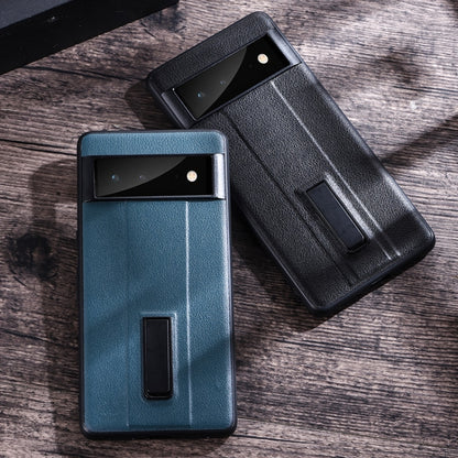 For Google Pixel 6 Pro PC + Leather Texture Protective Phone Case with Metal Holder(Black) - Google Cases by buy2fix | Online Shopping UK | buy2fix