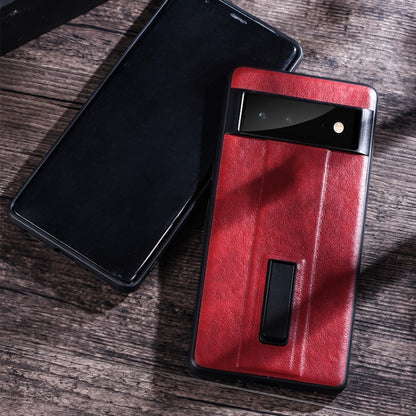 For Google Pixel 6 Pro PC + Leather Texture Protective Phone Case with Metal Holder(Black) - Google Cases by buy2fix | Online Shopping UK | buy2fix