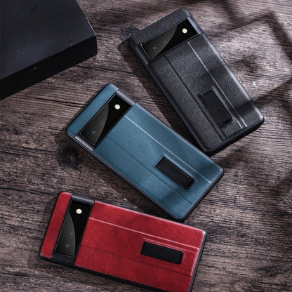 For Google Pixel 6 Pro PC + Leather Texture Protective Phone Case with Metal Holder(Black) - Google Cases by buy2fix | Online Shopping UK | buy2fix