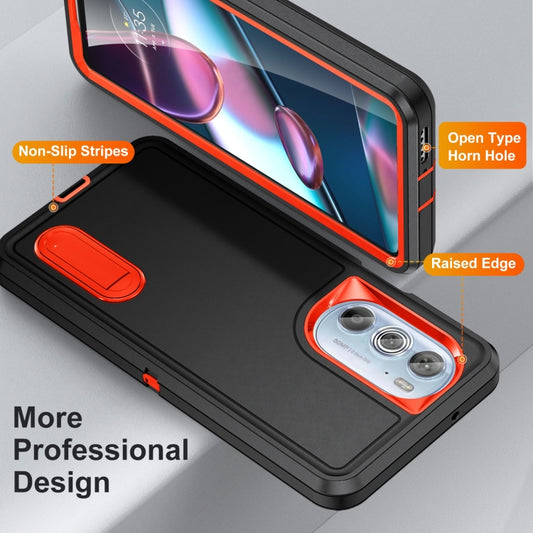 For Motorola Edge 30 Pro 3 in 1 Rugged Holder Phone Case(Black + Orange) - Motorola Cases by buy2fix | Online Shopping UK | buy2fix
