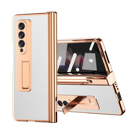 For Samsung Galaxy Z Fold3 5G Litchi Texture Leather Hinged Electroplated Phone Case with S Pen Fold Edition & Protective Film(White) by buy2fix