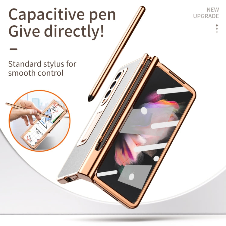For Samsung Galaxy Z Fold3 5G Litchi Texture Leather Hinged Electroplated Phone Case with S Pen Fold Edition & Protective Film(White) by buy2fix