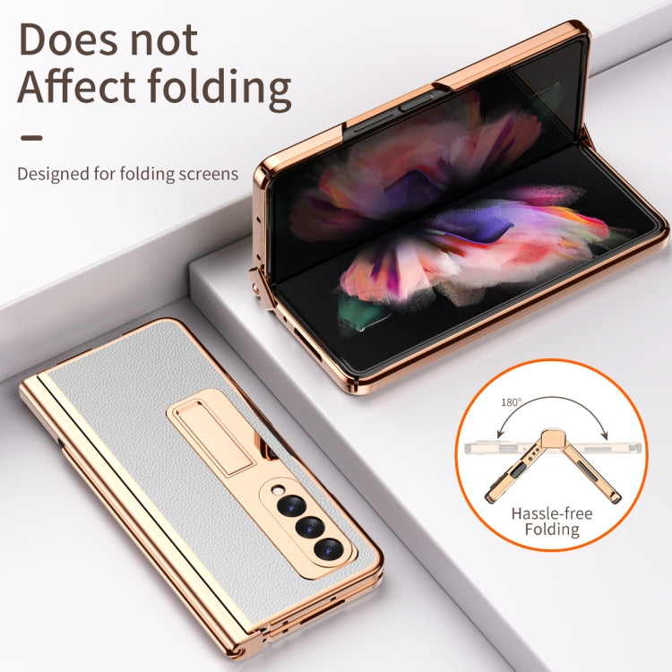 For Samsung Galaxy Z Fold3 5G Litchi Texture Leather Hinged Electroplated Phone Case with S Pen Fold Edition & Protective Film(White) by buy2fix