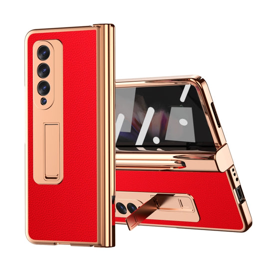 For Samsung Galaxy Z Fold3 5G Litchi Texture Leather Hinged Electroplated Phone Case with S Pen Fold Edition & Protective Film(Red) by buy2fix