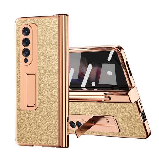 For Samsung Galaxy Z Fold3 5G Litchi Texture Leather Hinged Electroplated Phone Case with S Pen Fold Edition & Protective Film(Gold) by buy2fix