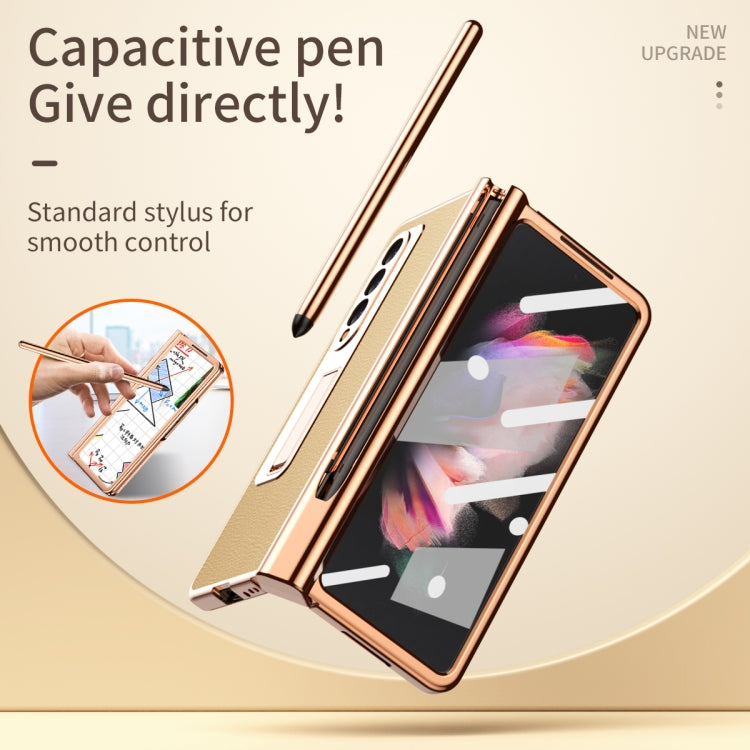 For Samsung Galaxy Z Fold3 5G Litchi Texture Leather Hinged Electroplated Phone Case with S Pen Fold Edition & Protective Film(Gold) by buy2fix