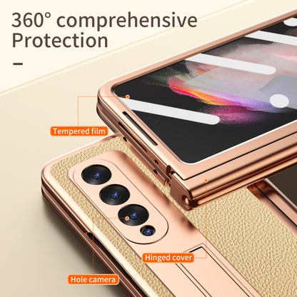 For Samsung Galaxy Z Fold3 5G Litchi Texture Leather Hinged Electroplated Phone Case with S Pen Fold Edition & Protective Film(Gold) by buy2fix