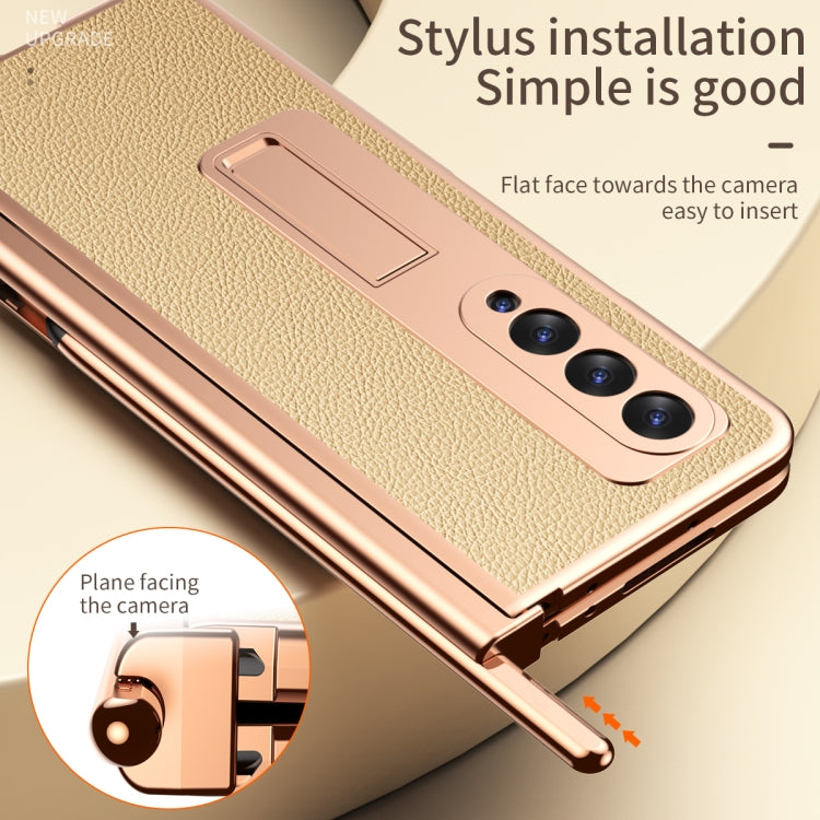 For Samsung Galaxy Z Fold3 5G Litchi Texture Leather Hinged Electroplated Phone Case with S Pen Fold Edition & Protective Film(Gold) by buy2fix