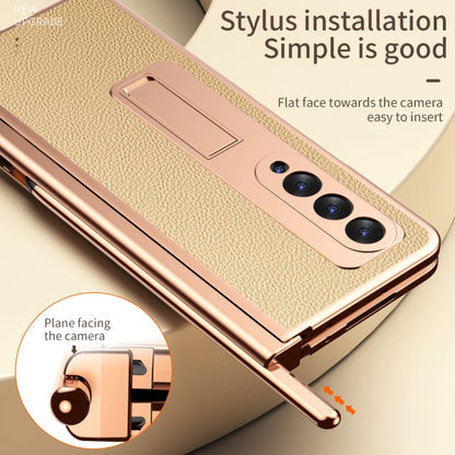 For Samsung Galaxy Z Fold3 5G Litchi Texture Leather Hinged Electroplated Phone Case with S Pen Fold Edition & Protective Film(Gold) by buy2fix