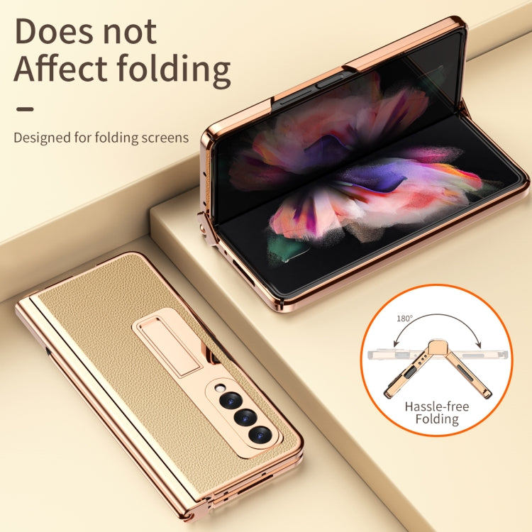 For Samsung Galaxy Z Fold3 5G Litchi Texture Leather Hinged Electroplated Phone Case with S Pen Fold Edition & Protective Film(Gold) by buy2fix