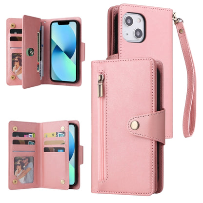 For iPhone 13 Rivet Buckle 9 Cards Three Fold Leather Phone Case(Rose Gold) - iPhone 13 Cases by buy2fix | Online Shopping UK | buy2fix