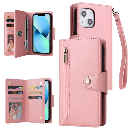 For iPhone 13 Rivet Buckle 9 Cards Three Fold Leather Phone Case(Rose Gold) - iPhone 13 Cases by buy2fix | Online Shopping UK | buy2fix
