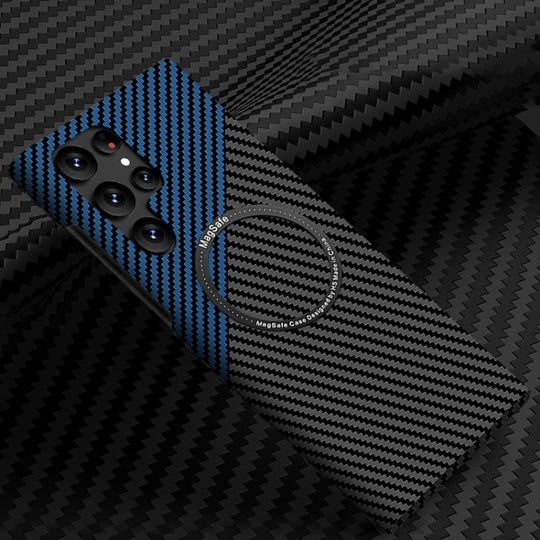 For Samsung Galaxy S22 Ultra 5G Carbon Fiber Texture MagSafe Magnetic Phone Case(Black Blue)