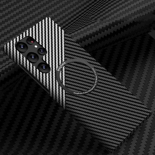 For Samsung Galaxy S22 Ultra 5G Carbon Fiber Texture MagSafe Magnetic Phone Case(Black Silver) - Galaxy S22 Ultra 5G Cases by buy2fix | Online Shopping UK | buy2fix