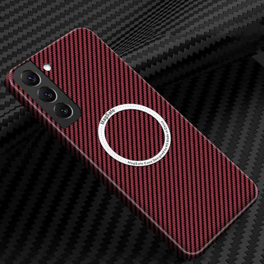 For Samsung Galaxy S21 5G Carbon Fiber Texture MagSafe Magnetic Phone Case(Red)