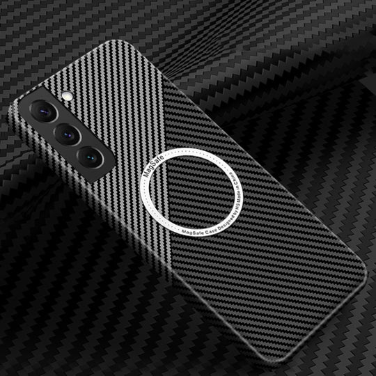 For Samsung Galaxy S21 Plus 5G Carbon Fiber Texture MagSafe Magnetic Phone Case(Black Silver)
