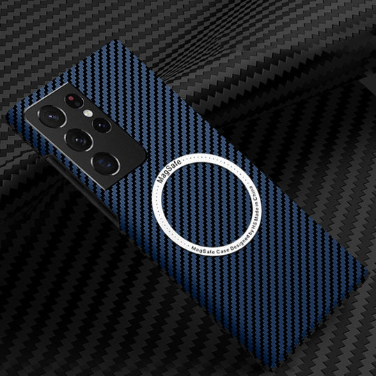 For Samsung Galaxy S21 Ultra 5G Carbon Fiber Texture MagSafe Magnetic Phone Case(Blue)