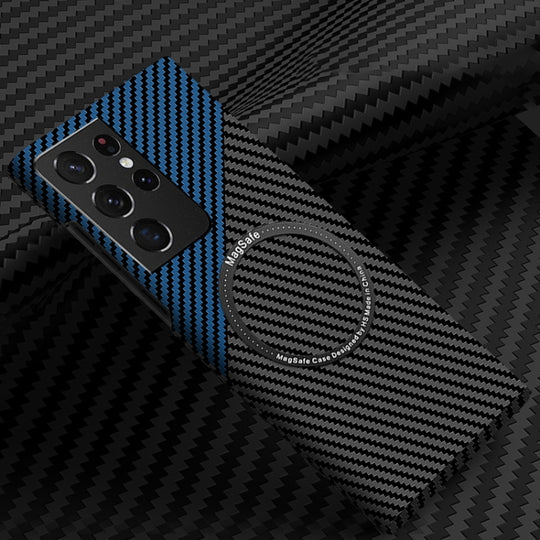 For Samsung Galaxy S21 Ultra 5G Carbon Fiber Texture MagSafe Magnetic Phone Case(Black Blue)