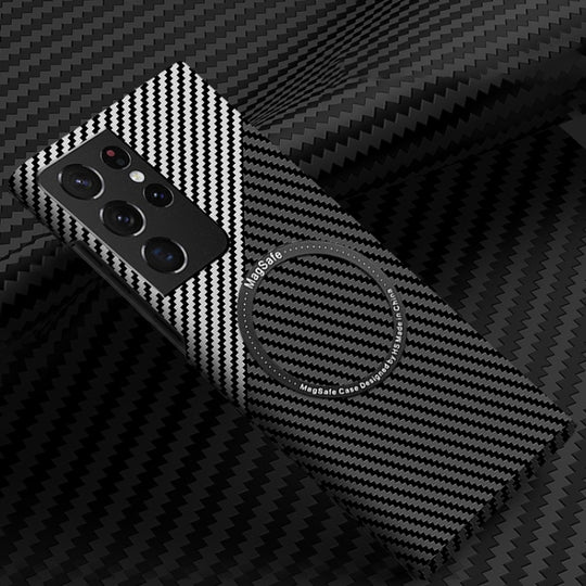 For Samsung Galaxy S21 Ultra 5G Carbon Fiber Texture MagSafe Magnetic Phone Case(Black Silver)