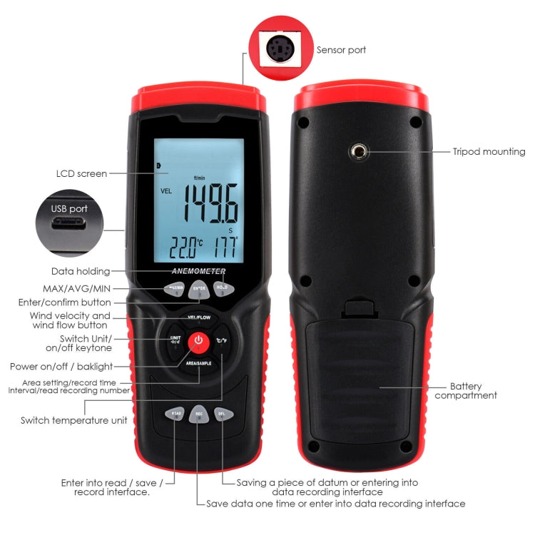 GT8913 Handheld Digital LCD Hot Wire Anemometer, Battery Not Included - Tachometers & Anemometer by buy2fix | Online Shopping UK | buy2fix