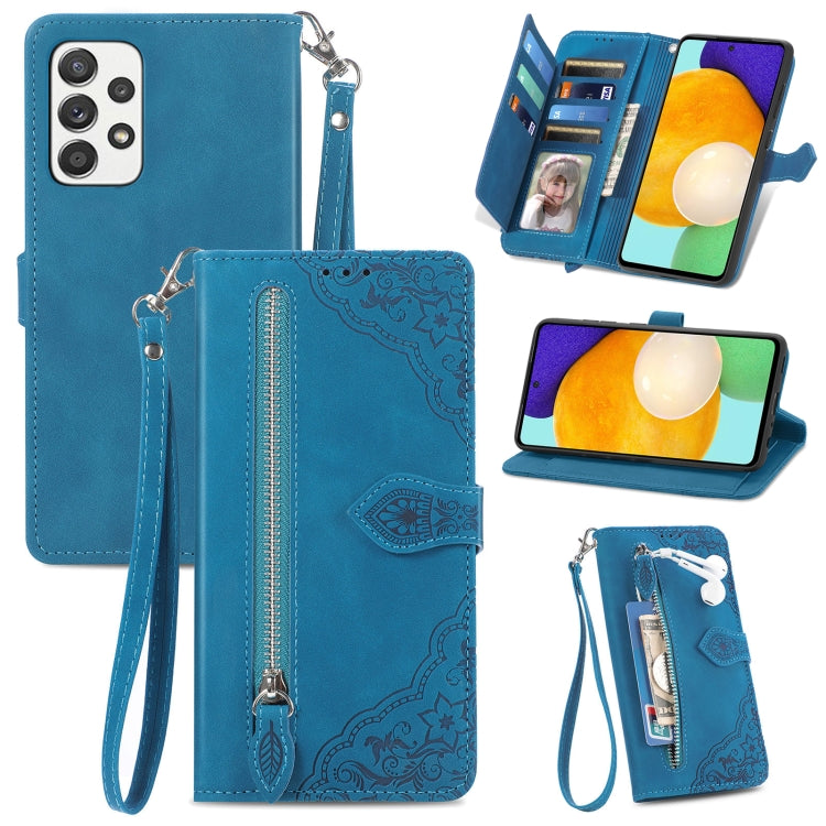 For Samsung Galaxy A52 5G Embossed Flower Shockproof Leather Phone Case(Blue) by buy2fix