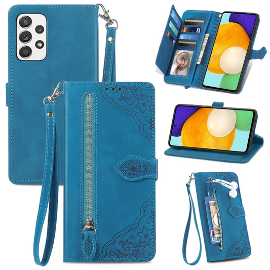 For Samsung Galaxy A52 5G Embossed Flower Shockproof Leather Phone Case(Blue) by buy2fix