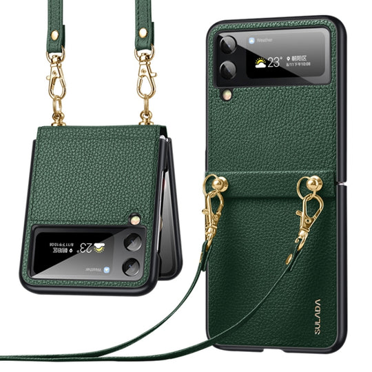 For Samsung Galaxy Z Flip3 5G SULADA Litchi Texture Leather + TPU Phone Case with Strap(Green)