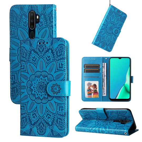 For OPPO A9 / A5 2020 Embossed Sunflower Leather Phone Case(Blue)
