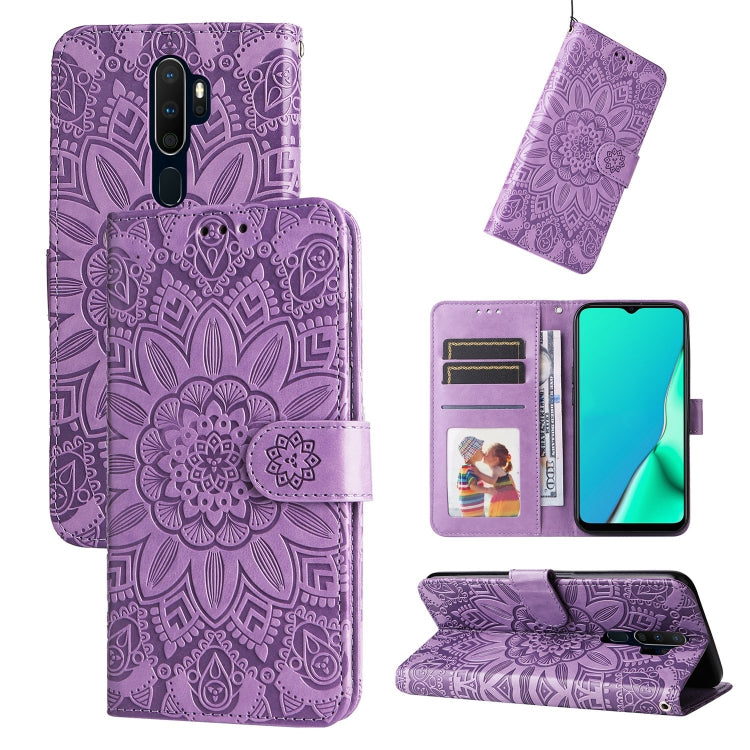 For OPPO A9 / A5 2020 Embossed Sunflower Leather Phone Case(Purple) by buy2fix